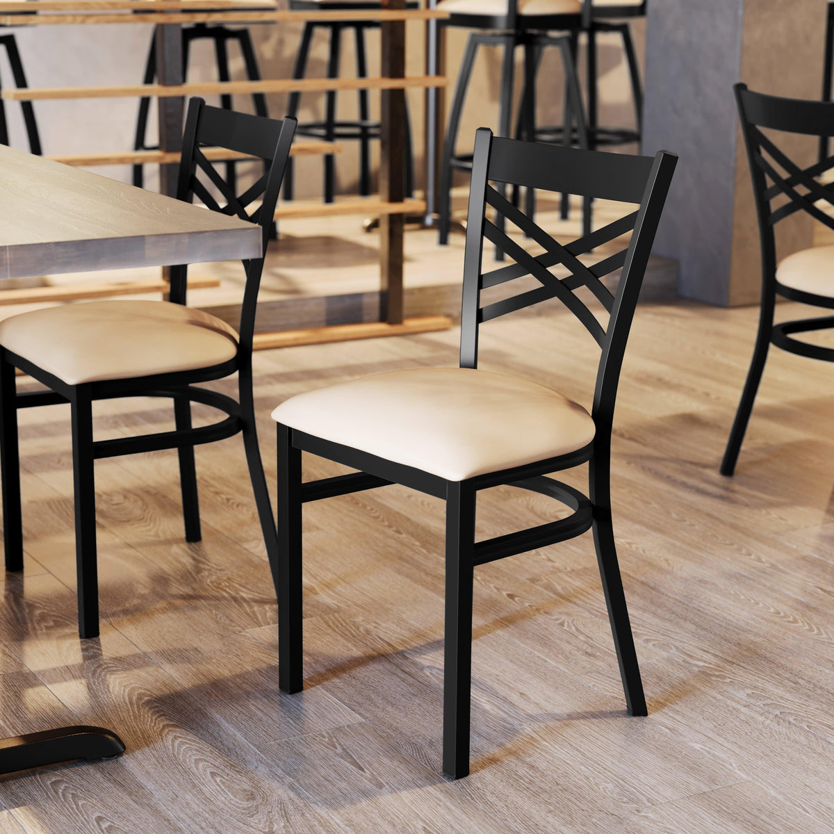 Tan Vinyl Seat/Black Metal Frame |#| Commercial Black X-Back Metal Restaurant Chair with Tan Vinyl Seat