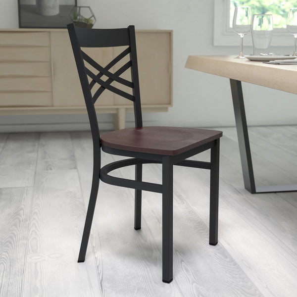 Walnut Wood Seat/Black Metal Frame |#| Black "X" Back Metal Restaurant Chair - Walnut Wood Seat