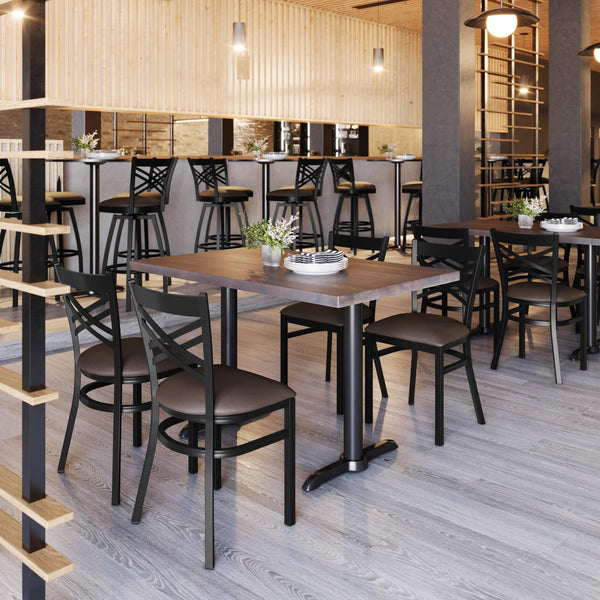 Mocha Vinyl Seat/Black Metal Frame |#| Commercial Black X-Back Metal Restaurant Chair with Mocha Vinyl Seat