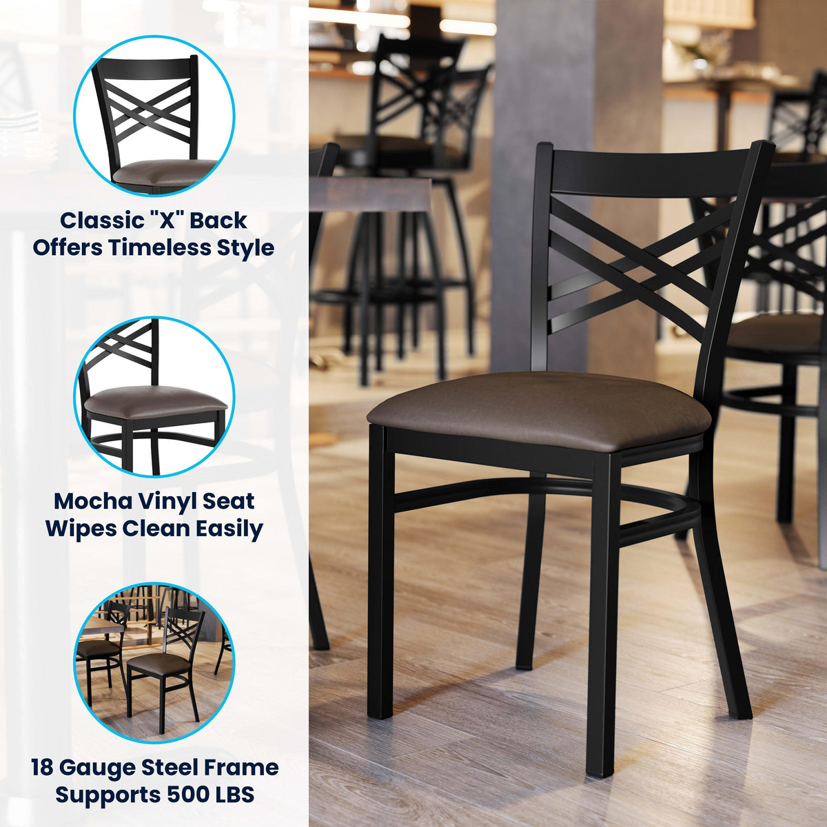 Mocha Vinyl Seat/Black Metal Frame |#| Commercial Black X-Back Metal Restaurant Chair with Mocha Vinyl Seat