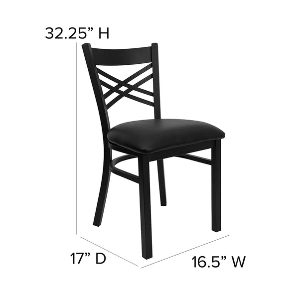 Black Vinyl Seat/Black Metal Frame |#| Black "X" Back Metal Restaurant Chair - Black Vinyl Seat