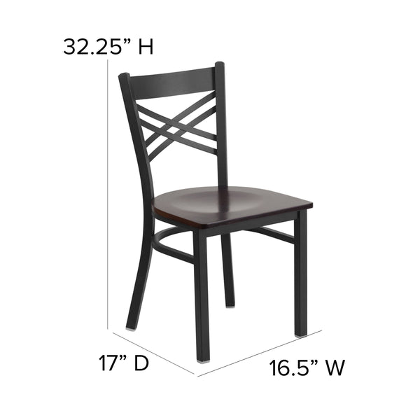 Walnut Wood Seat/Black Metal Frame |#| Black "X" Back Metal Restaurant Chair - Walnut Wood Seat