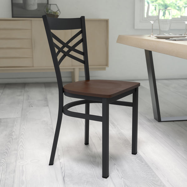 Mahogany Wood Seat/Black Metal Frame |#| Black "X" Back Metal Restaurant Chair - Mahogany Wood Seat