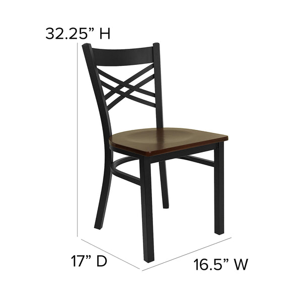 Mahogany Wood Seat/Black Metal Frame |#| Black "X" Back Metal Restaurant Chair - Mahogany Wood Seat