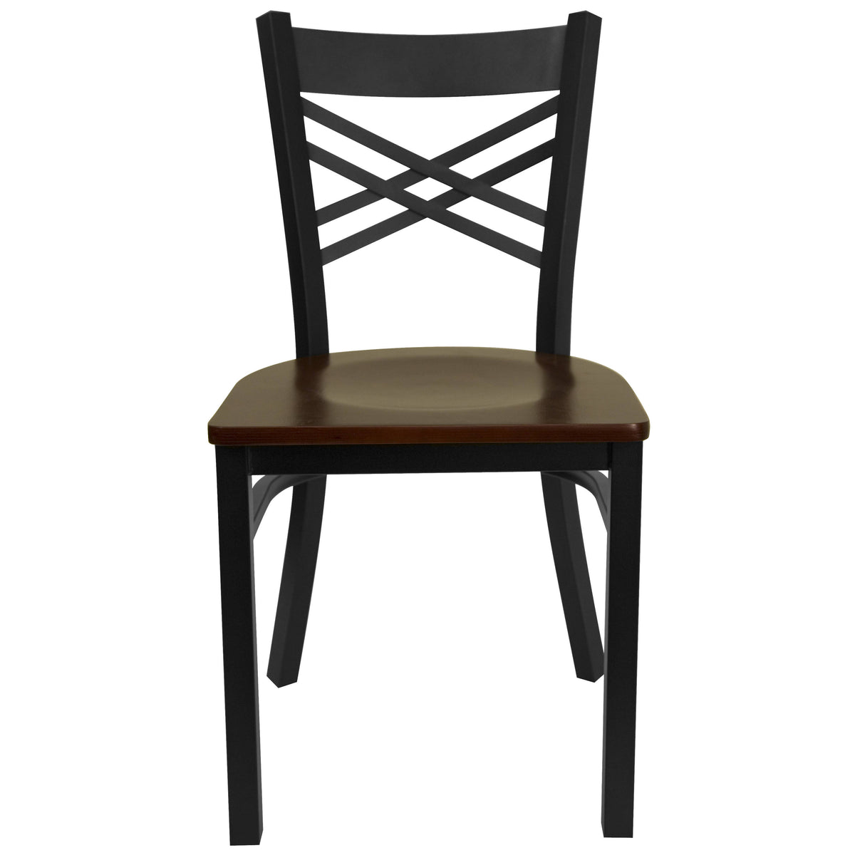 Mahogany Wood Seat/Black Metal Frame |#| Black "X" Back Metal Restaurant Chair - Mahogany Wood Seat