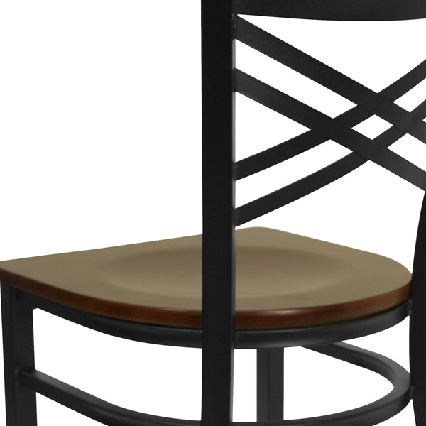 Mahogany Wood Seat/Black Metal Frame |#| Black "X" Back Metal Restaurant Chair - Mahogany Wood Seat