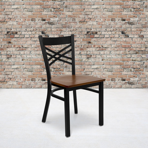 Cherry Wood Seat/Black Metal Frame |#| Black "X" Back Metal Restaurant Chair - Cherry Wood Seat