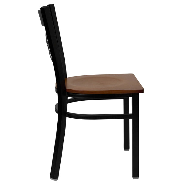 Cherry Wood Seat/Black Metal Frame |#| Black "X" Back Metal Restaurant Chair - Cherry Wood Seat