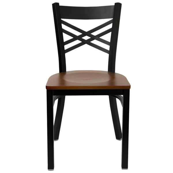 Cherry Wood Seat/Black Metal Frame |#| Black "X" Back Metal Restaurant Chair - Cherry Wood Seat