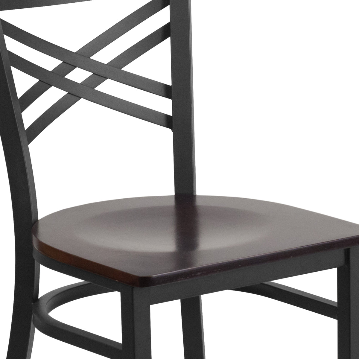 Walnut Wood Seat/Black Metal Frame |#| Black "X" Back Metal Restaurant Chair - Walnut Wood Seat