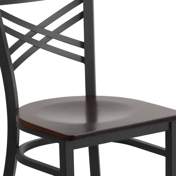 Walnut Wood Seat/Black Metal Frame |#| Black "X" Back Metal Restaurant Chair - Walnut Wood Seat