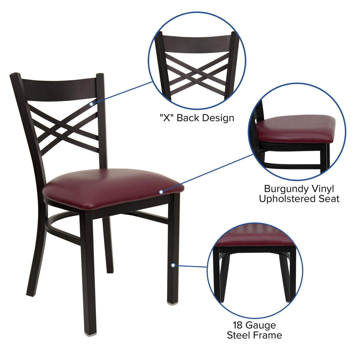 Burgundy Vinyl Seat/Black Metal Frame |#| Black "X" Back Metal Restaurant Chair - Burgundy Vinyl Seat