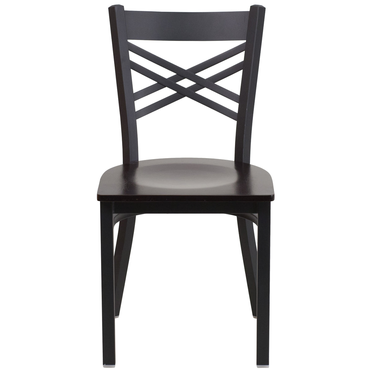 Walnut Wood Seat/Black Metal Frame |#| Black "X" Back Metal Restaurant Chair - Walnut Wood Seat