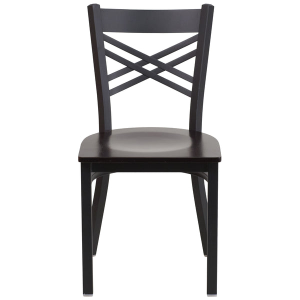 Walnut Wood Seat/Black Metal Frame |#| Black "X" Back Metal Restaurant Chair - Walnut Wood Seat