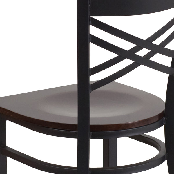 Walnut Wood Seat/Black Metal Frame |#| Black "X" Back Metal Restaurant Chair - Walnut Wood Seat