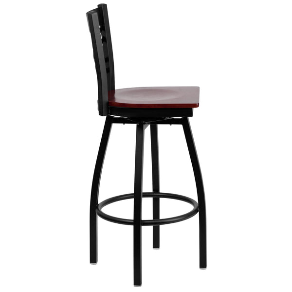 Mahogany Wood Seat/Black Metal Frame |#| Black inchXinch Back Swivel Metal Barstool - Mahogany Wood Seat