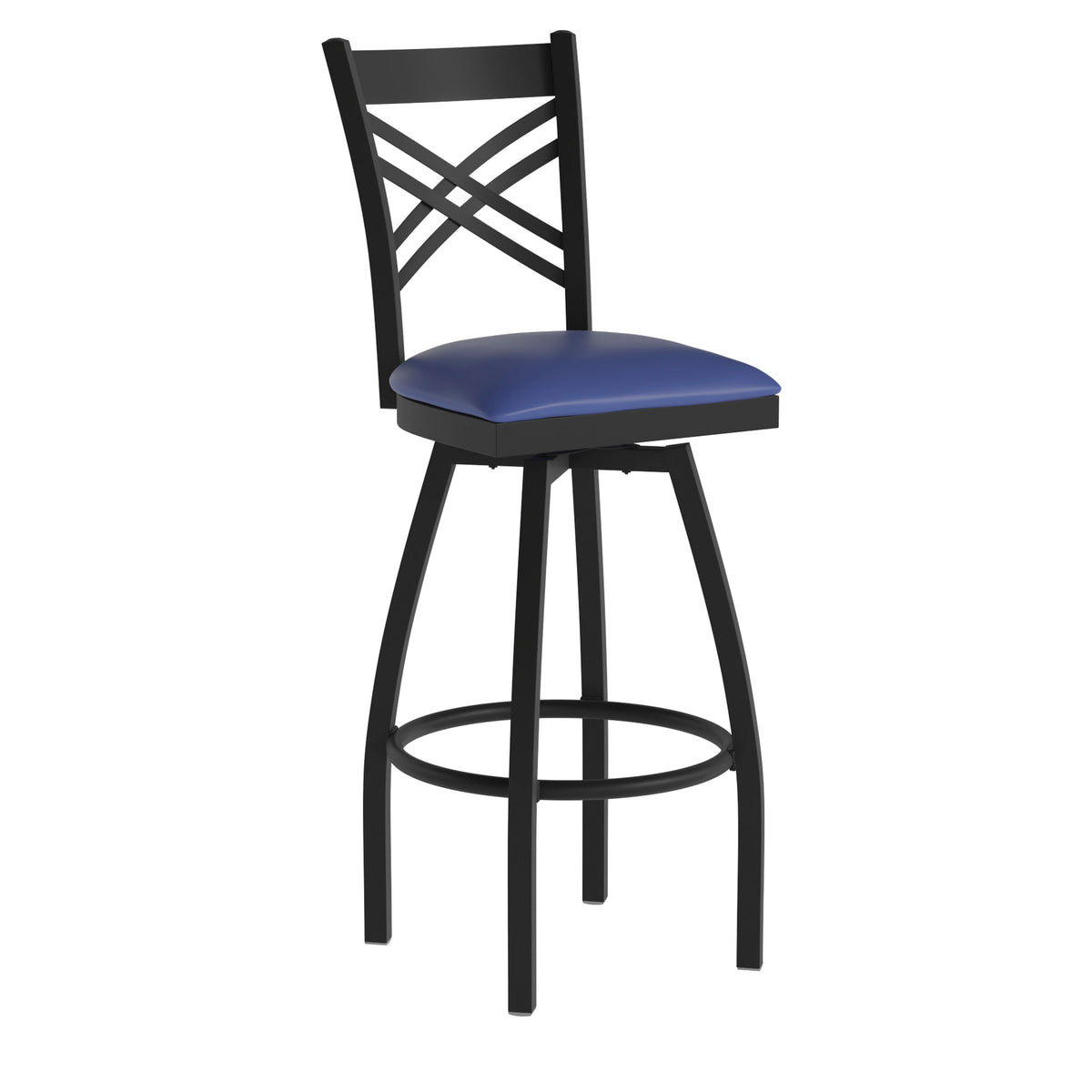 Blue Vinyl Seat/Black Metal Frame |#| Black "X" Back Swivel Metal Barstool - Blue Vinyl Seat