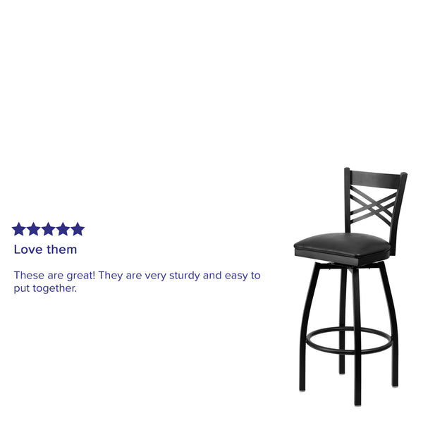 Black Vinyl Seat/Black Metal Frame |#| Black "X" Back Swivel Metal Barstool - Black Vinyl Seat