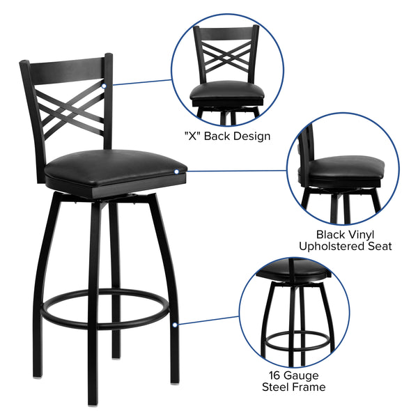 Black Vinyl Seat/Black Metal Frame |#| Black "X" Back Swivel Metal Barstool - Black Vinyl Seat