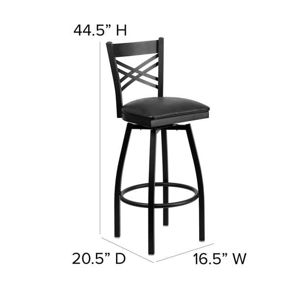 Black Vinyl Seat/Black Metal Frame |#| Black "X" Back Swivel Metal Barstool - Black Vinyl Seat