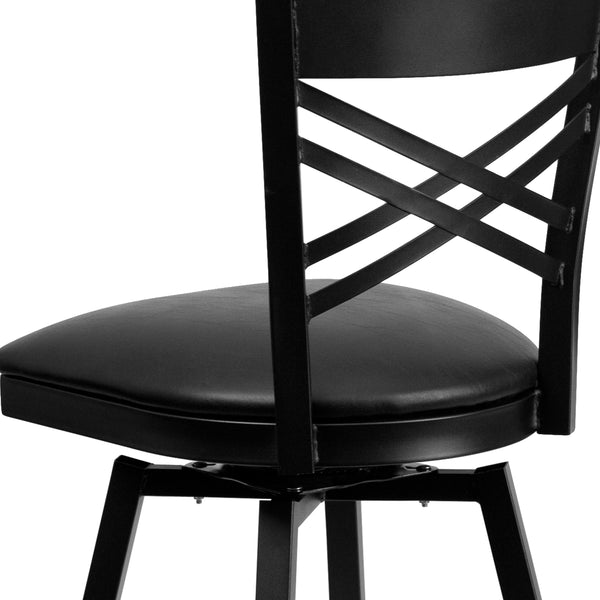 Black Vinyl Seat/Black Metal Frame |#| Black "X" Back Swivel Metal Barstool - Black Vinyl Seat