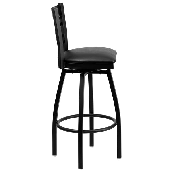 Black Vinyl Seat/Black Metal Frame |#| Black "X" Back Swivel Metal Barstool - Black Vinyl Seat