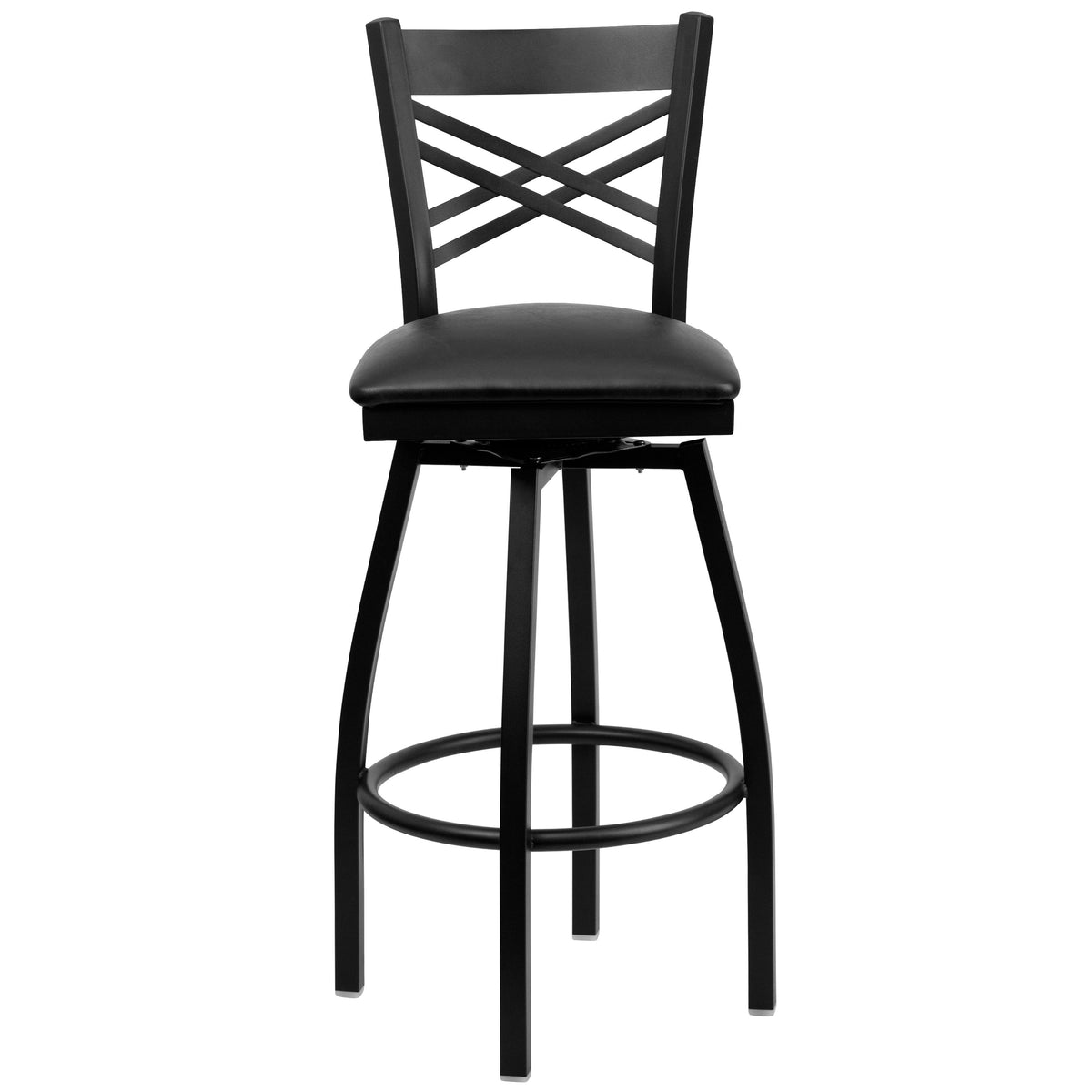 Black Vinyl Seat/Black Metal Frame |#| Black "X" Back Swivel Metal Barstool - Black Vinyl Seat