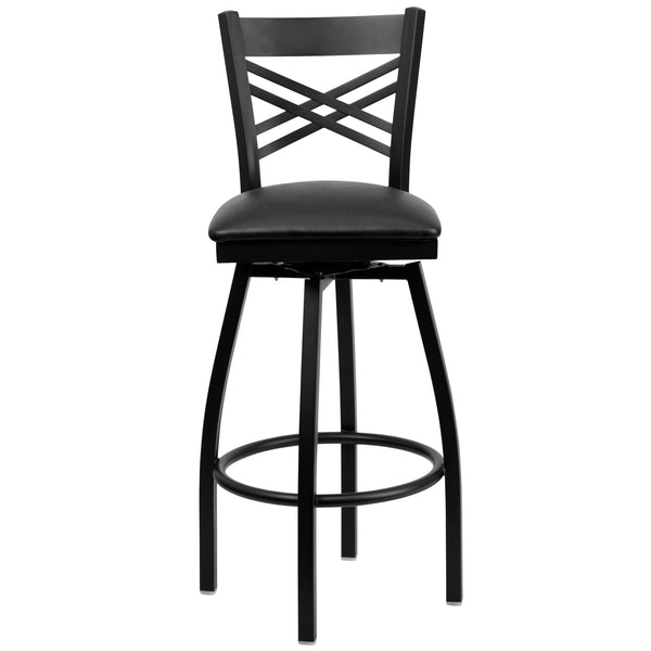 Black Vinyl Seat/Black Metal Frame |#| Black "X" Back Swivel Metal Barstool - Black Vinyl Seat
