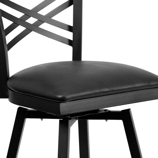 Black Vinyl Seat/Black Metal Frame |#| Black "X" Back Swivel Metal Barstool - Black Vinyl Seat