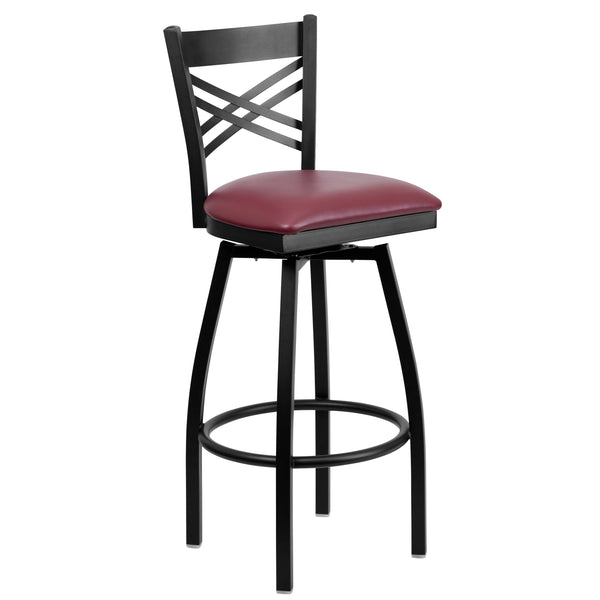 Burgundy Vinyl Seat/Black Metal Frame |#| Black "X" Back Swivel Metal Barstool - Burgundy Vinyl Seat