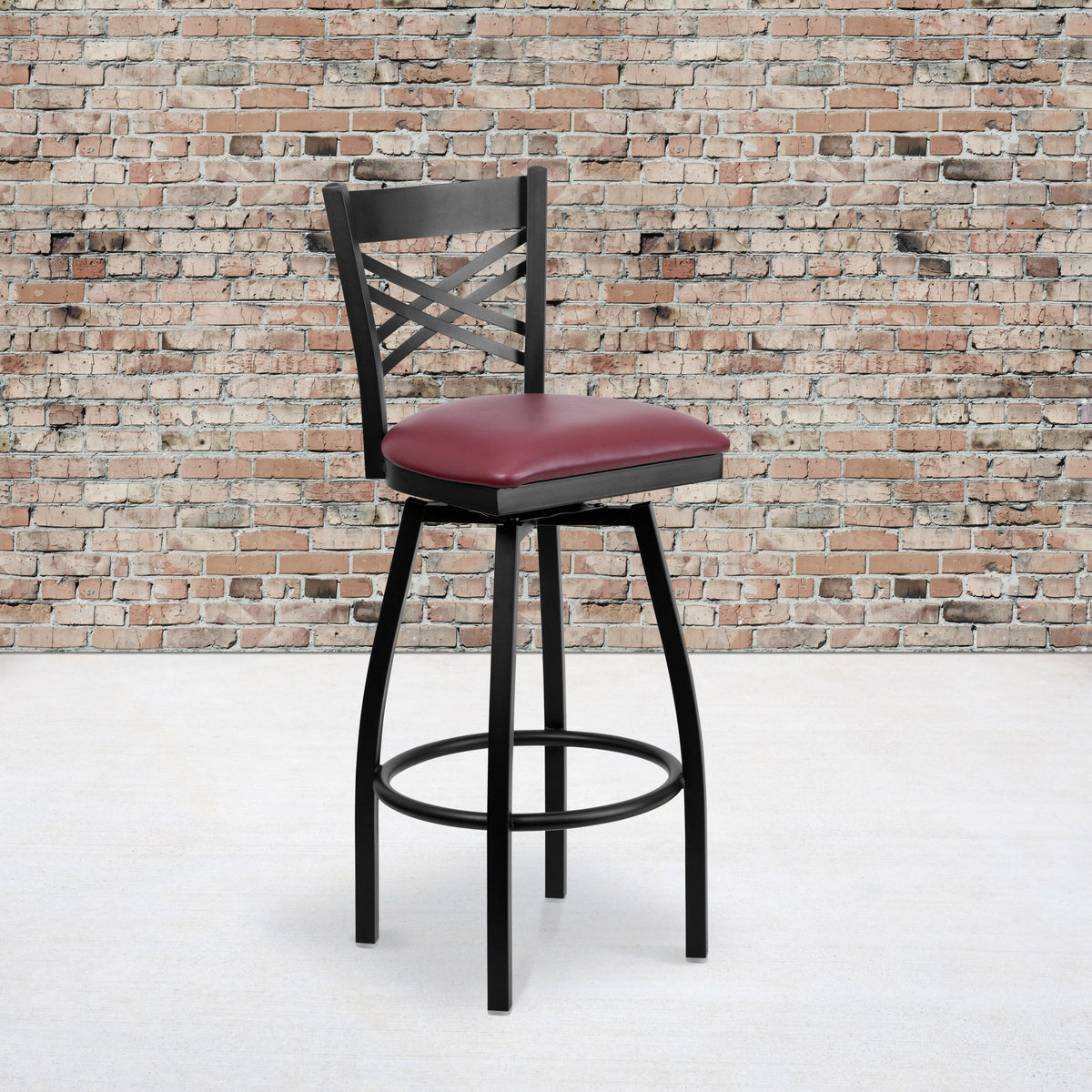 Burgundy Vinyl Seat/Black Metal Frame |#| Black "X" Back Swivel Metal Barstool - Burgundy Vinyl Seat