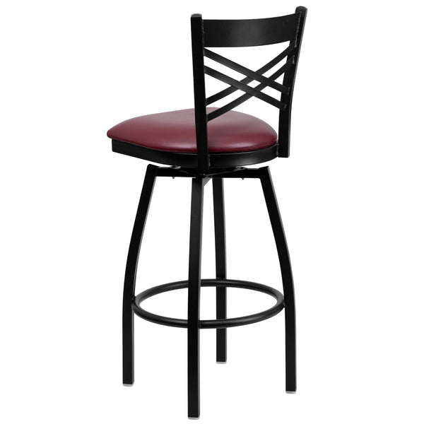 Burgundy Vinyl Seat/Black Metal Frame |#| Black "X" Back Swivel Metal Barstool - Burgundy Vinyl Seat