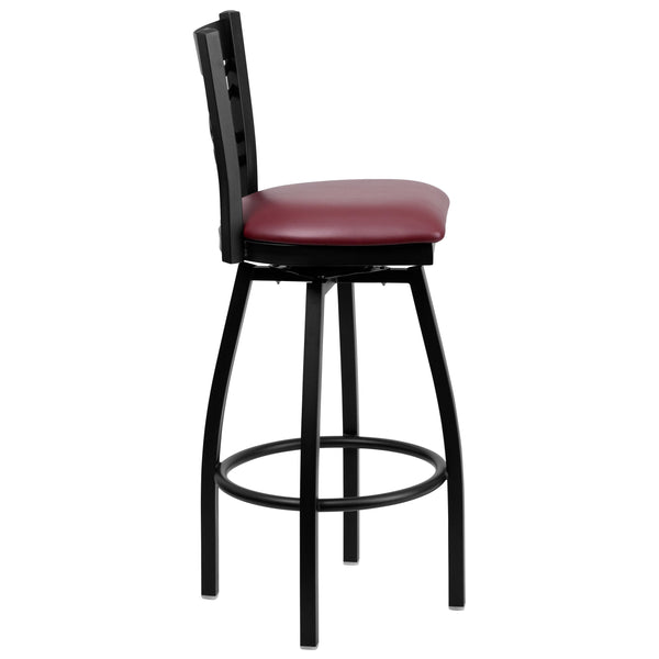Burgundy Vinyl Seat/Black Metal Frame |#| Black "X" Back Swivel Metal Barstool - Burgundy Vinyl Seat