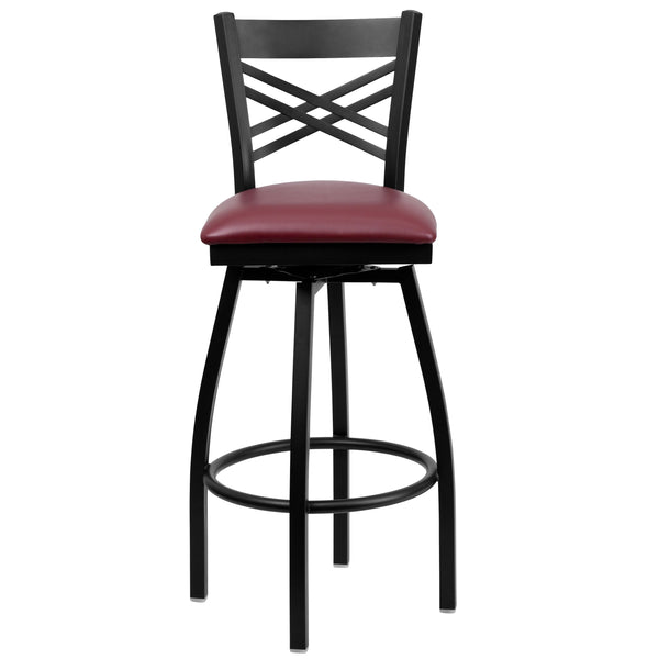 Burgundy Vinyl Seat/Black Metal Frame |#| Black "X" Back Swivel Metal Barstool - Burgundy Vinyl Seat