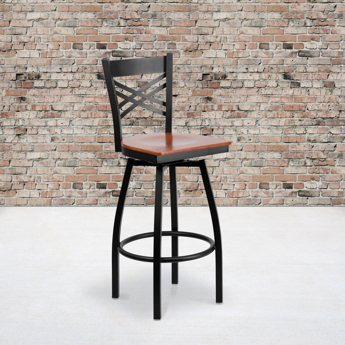 Cherry Wood Seat/Black Metal Frame |#| Black "X" Back Swivel Metal Barstool - Cherry Wood Seat