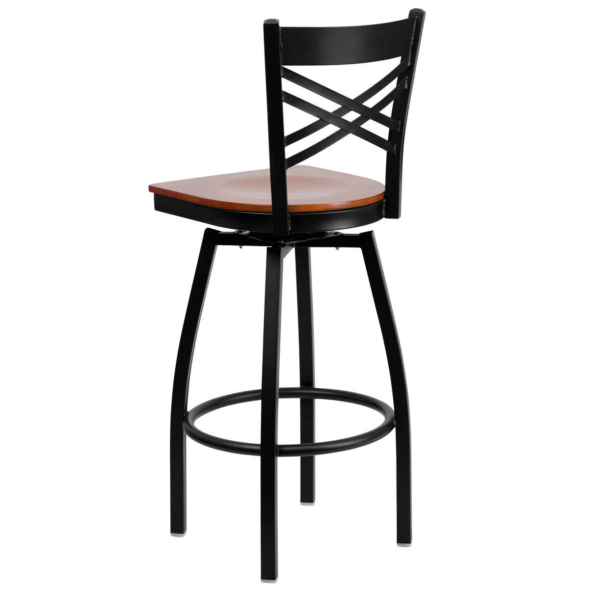 Cherry Wood Seat/Black Metal Frame |#| Black "X" Back Swivel Metal Barstool - Cherry Wood Seat