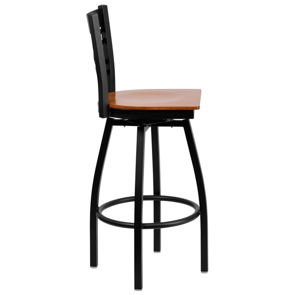 Cherry Wood Seat/Black Metal Frame |#| Black "X" Back Swivel Metal Barstool - Cherry Wood Seat