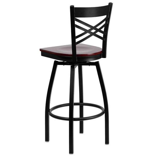 Mahogany Wood Seat/Black Metal Frame |#| Black "X" Back Swivel Metal Barstool - Mahogany Wood Seat