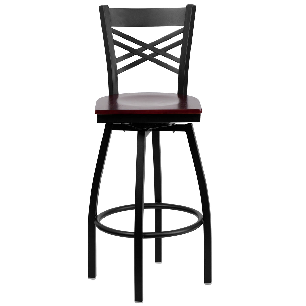 Mahogany Wood Seat/Black Metal Frame |#| Black "X" Back Swivel Metal Barstool - Mahogany Wood Seat