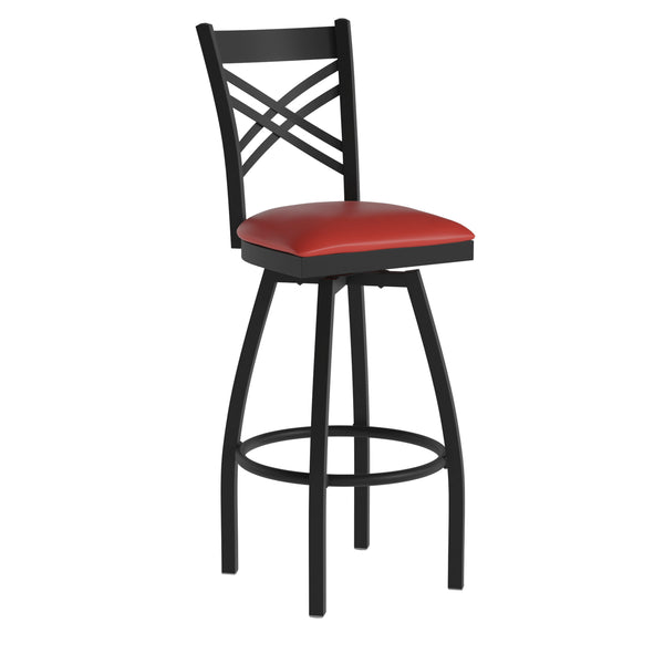 Antique White Wood Seat/Black Metal Frame |#| Black "X" Back Swivel Metal Barstool - Antique White Wood Seat