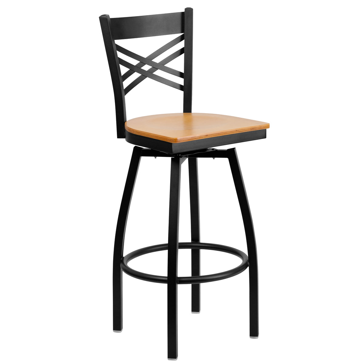 Natural Wood Seat/Black Metal Frame |#| Black "X" Back Swivel Metal Barstool - Natural Wood Seat