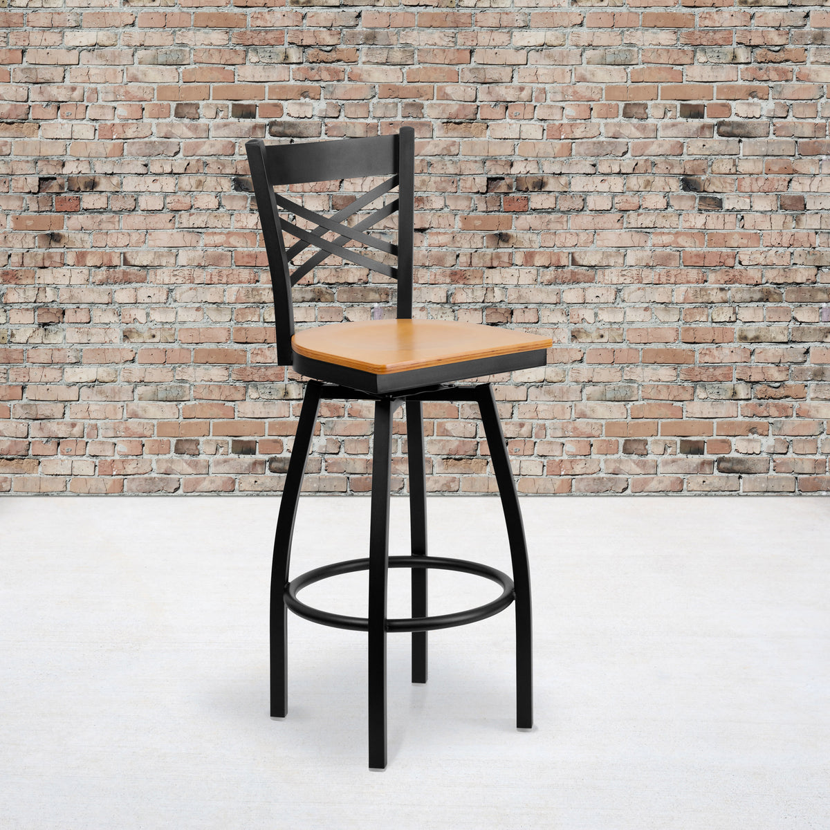 Natural Wood Seat/Black Metal Frame |#| Black "X" Back Swivel Metal Barstool - Natural Wood Seat