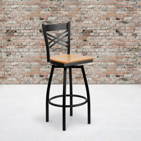 Natural Wood Seat/Black Metal Frame |#| Black "X" Back Swivel Metal Barstool - Natural Wood Seat