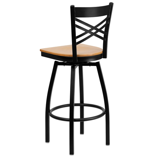 Natural Wood Seat/Black Metal Frame |#| Black "X" Back Swivel Metal Barstool - Natural Wood Seat