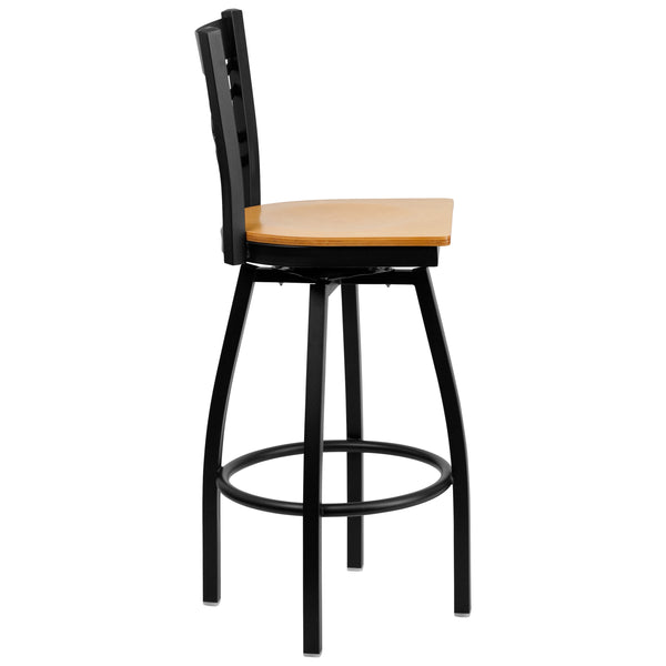 Natural Wood Seat/Black Metal Frame |#| Black "X" Back Swivel Metal Barstool - Natural Wood Seat