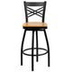 Natural Wood Seat/Black Metal Frame |#| Black "X" Back Swivel Metal Barstool - Natural Wood Seat