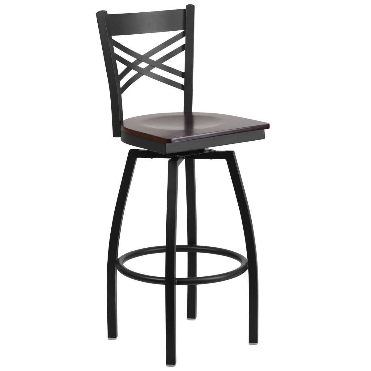 Walnut Wood Seat/Black Metal Frame |#| Black "X" Back Swivel Metal Barstool - Walnut Wood Seat