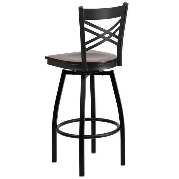 Walnut Wood Seat/Black Metal Frame |#| Black "X" Back Swivel Metal Barstool - Walnut Wood Seat