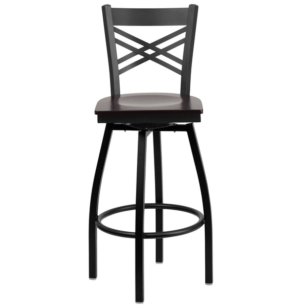 Walnut Wood Seat/Black Metal Frame |#| Black "X" Back Swivel Metal Barstool - Walnut Wood Seat