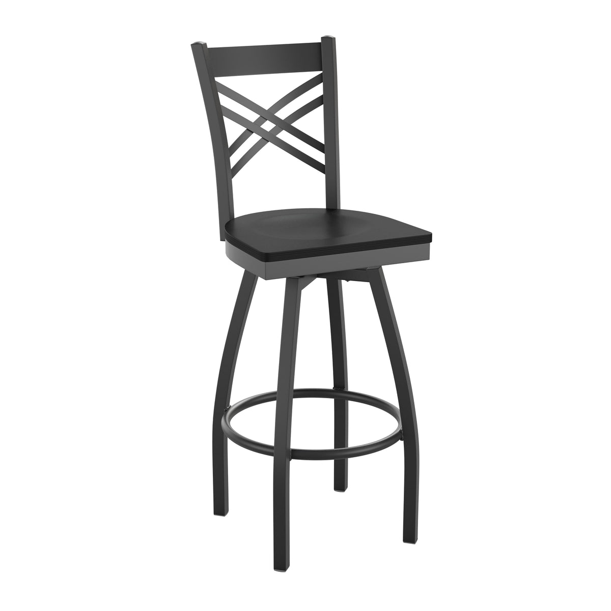 Black Wood Seat/Black Metal Frame |#| Black "X" Back Swivel Metal Barstool - Black Wood Seat
